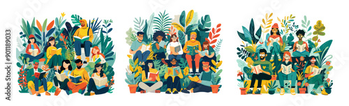 Group people reading books outdoors cartoon vector concepts. Crowd male female plants garden learning education diversity study hobby characters friendship isolated scenes