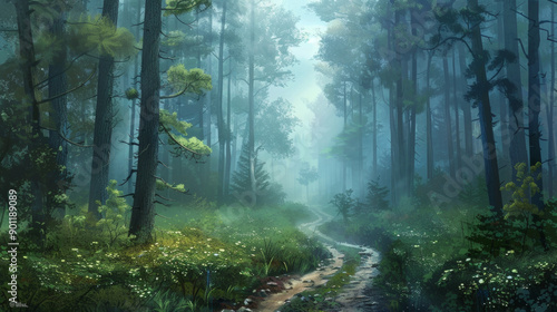 Mist-filled path winds through towering trees, leading to an open glade in the heart of the forest.