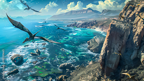 An aerial view of a Jurassic coastline, with Pterosaurs flying above and marine reptiles swimming below photo