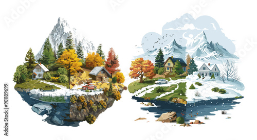 Hamlet season cartoon vector scenes. Mountain autumn winter cottage tree snow lodge woods car countryside isolated artworks
