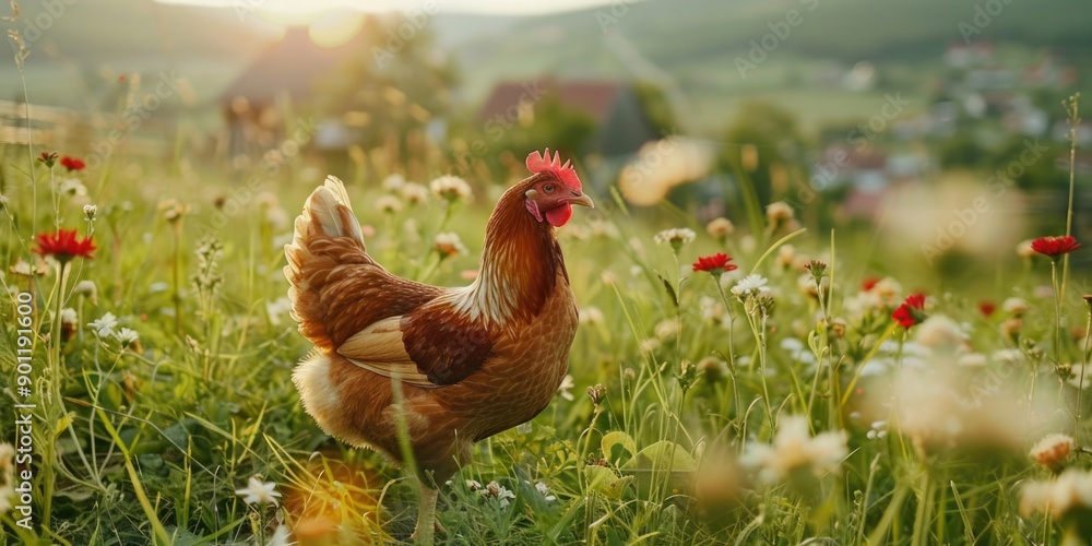 Chicken in flower field Chicken in flower field