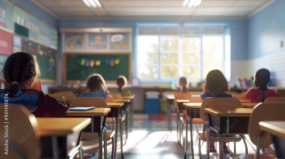 A blurry elementary school classroom with students A blurry elementary school classroom with students