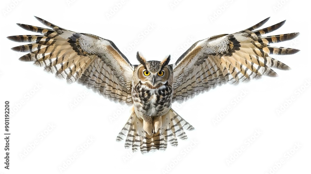 Fototapeta premium Flying Left Side Serious Owl on a White Background: Detailed and Majestic Illustration