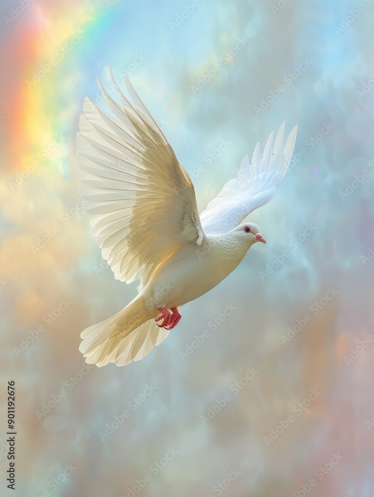 White bird soaring in sky with rainbow White bird soaring in sky with rainbow