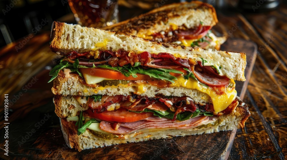 Delicious stacked sandwich with layers of fresh ingredients, cheese, and crispy bacon, perfect for a hearty meal or snack. Delicious stacked sandwich with layers of fresh ingredients, cheese, and crispy bacon, perfect for a hearty meal or snack.
