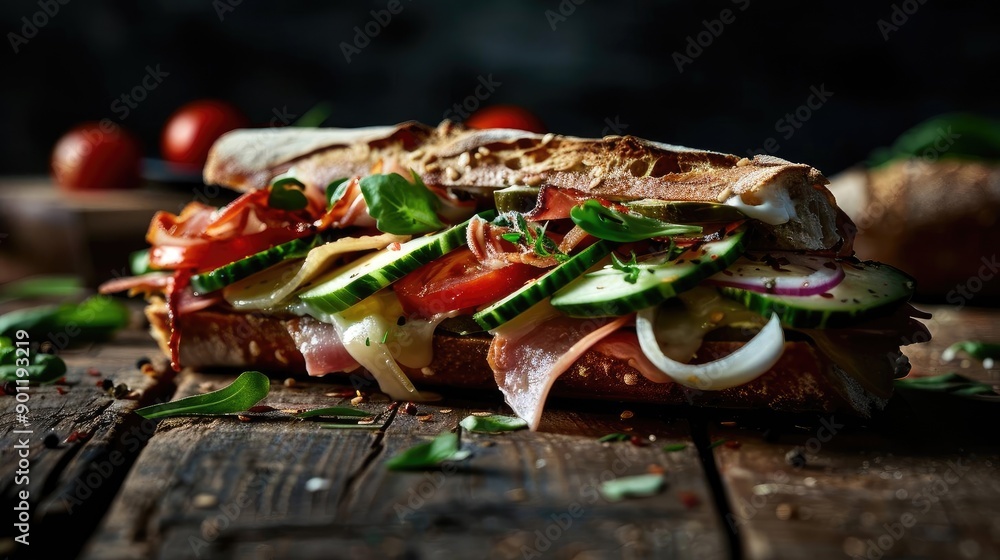 A delicious sandwich filled with fresh vegetables, meats, and herbs, beautifully presented on a rustic wooden table. A delicious sandwich filled with fresh vegetables, meats, and herbs, beautifully presented on a rustic wooden table.