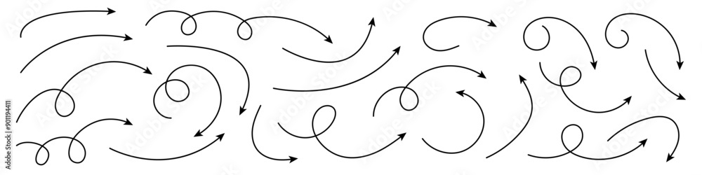 Collection of curved arrows. Set simple curved hand drawn arrows. Collection of pointers. Collection of curved arrows. Set simple curved hand drawn arrows. Collection of pointers.