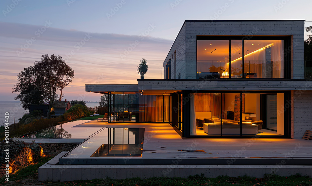 Modern Hillside Villa With Glass Walls and Pool Overlooking Scenic Landscape at Dusk, Illuminated Interior Creating Cozy Ambiance and Elegant Sunset View Modern Hillside Villa With Glass Walls and Pool Overlooking Scenic Landscape at Dusk, Illuminated Interior Creating Cozy Ambiance and Elegant Sunset View