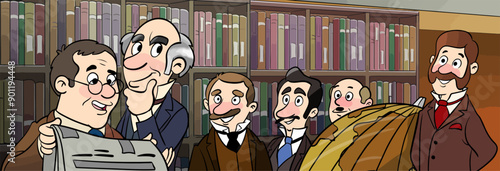 Gentlemen talking in vintage interiors. Retro men. Aristocrats in tuxedos. 19th century European fashion. Victorian suits. Flamboyant