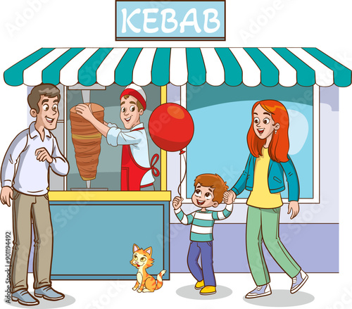 people tasting street food.people buying doner kebab.local turkish food