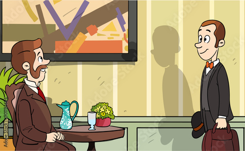 Gentlemen in the living room. Old style interior, elegantly dressed people, aristocrats in retro clothes, Victorian people with moustaches, 19th century male characters, cartoon flat vector concept