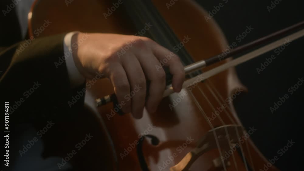 Cropped shot of unrecognizable trio of string musicians performing music with passion on black background