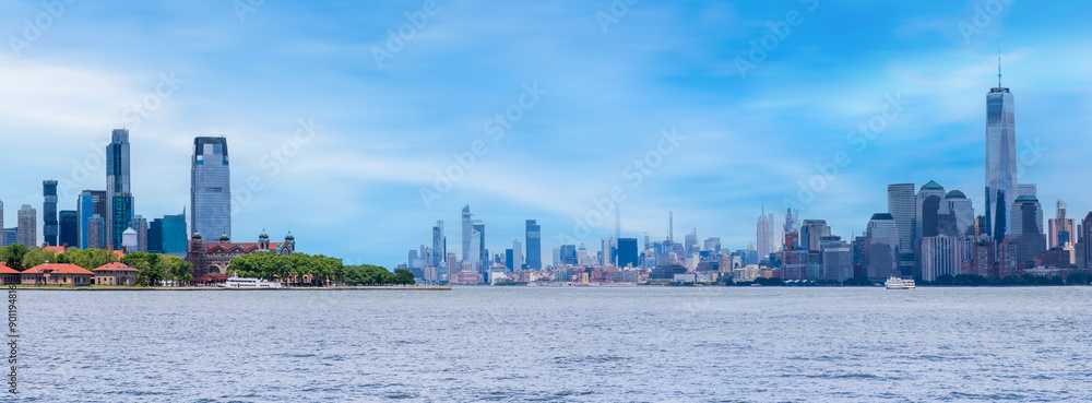 New York City southern Manhattan panoramic skyline near sunset golden hour dusk