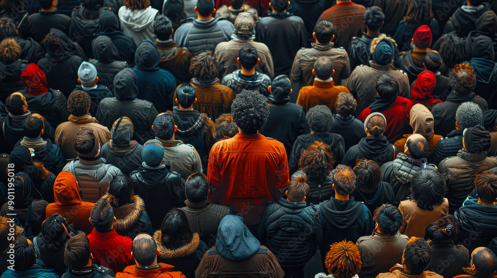 Obraz premium Leader Standing Out in Crowd from Above, Unique Individual Concept, Diverse Group Gathering, Top View, Daytime, Unity and Leadership Theme