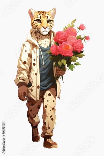Leopard holding bouquet, stylishly dressed.
