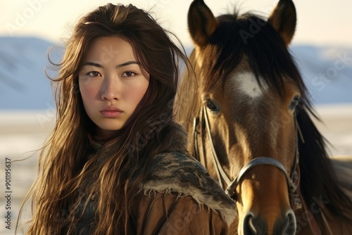 Serene portrait of a young woman with her horse against a snowy backdrop © juliars