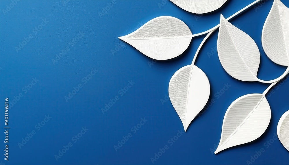 An arrangement of white leaves on a blue background, showcasing a simple yet elegant natural design. An arrangement of white leaves on a blue background, showcasing a simple yet elegant natural design.