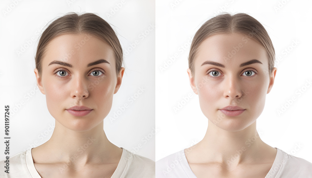 Young woman before and after cosmetic procedure on white background Young woman before and after cosmetic procedure on white background