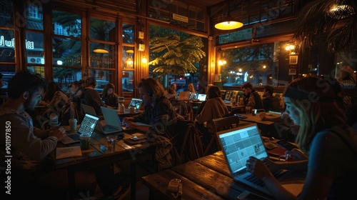 A vibrant cafe interior at dusk, with customers seated and focused on their laptops and devices. Ambient lighting 