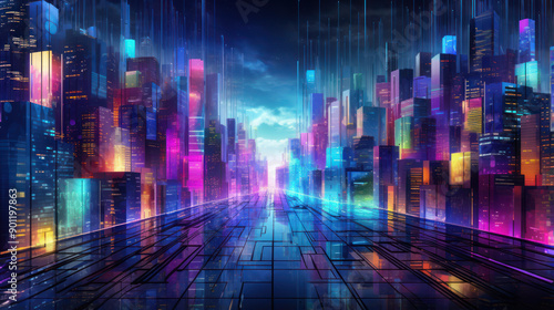 Vibrant and colorful cityscape at night. The skyline is filled with skyscrapers illuminated by neon lights in different colors. Futuristic Atmosphere. Cyberpunk Aesthetic. Neon Lights. © ART STORE