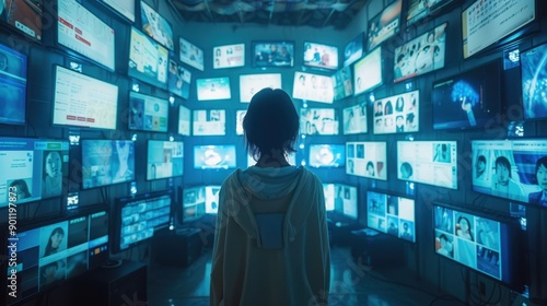 Digital Chaos in a Hyper-Realistic Office Setup - Person Surrounded by Phones, Tablets, and Glowing Screens in Cool Blue Lighting, Medium Shot of a Cluttered Scene