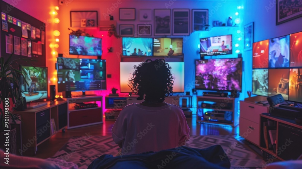Modern Digital Lifestyle: Person in Cluttered Living Room Surrounded by Multiple Screens and LED Lights Modern Digital Lifestyle: Person in Cluttered Living Room Surrounded by Multiple Screens and LED Lights