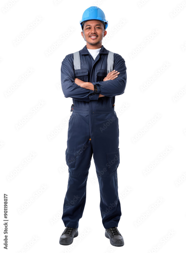 Confident male worker in safety uniform and helmet, standing with arms crossed, ready for work in construction or industry.