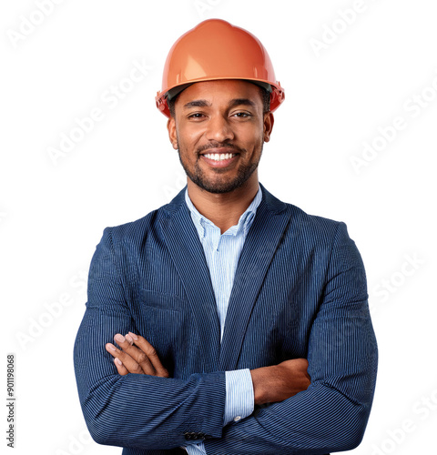 Confident construction worker wearing a hard hat and blazer, ready for work and showcasing a positive attitude.