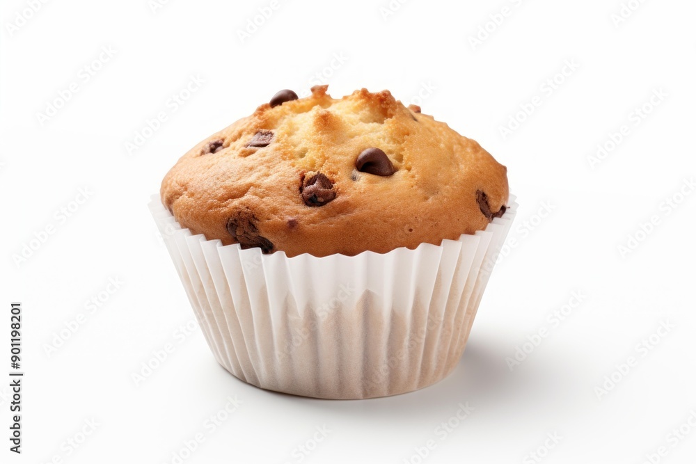 Single chocolate chip muffin in a white liner isolated on a white background Single chocolate chip muffin in a white liner isolated on a white background