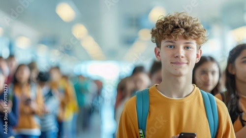 Modern High School Life: Students Engrossed in Phones Under Bright Hallway Lights, Realistic Daylight Scene with Isolating Feel