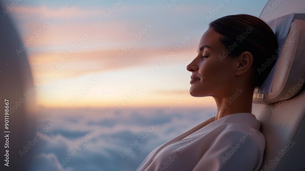 Luxury Traveler in First-Class Airplane Seat Contemplating the Clouds with Serene Ambiance Luxury Traveler in First-Class Airplane Seat Contemplating the Clouds with Serene Ambiance