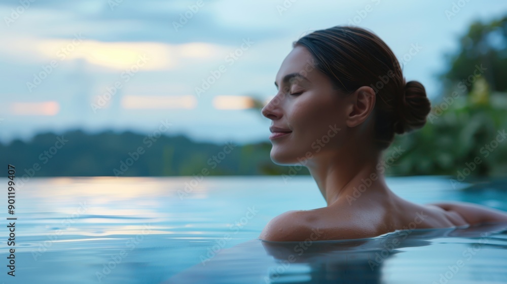 Serene Woman in Infinity Pool Admiring Scenic Vista at Dusk - Hyper-Realistic Luxury Tranquility Serene Woman in Infinity Pool Admiring Scenic Vista at Dusk - Hyper-Realistic Luxury Tranquility