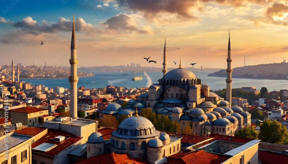 Obraz premium Beautiful view on Hagia Sophia in Istanbul, Turkey.Sunny day architecture The Grand Mosque and formerly the Church is a popular destination