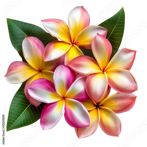 Tropical plumeria flowers with vibrant pink and yellow petals, lush green leaves, photorealistic detail, macro photography, zen composition, isolated PNG on transparent background, beauty & relaxation