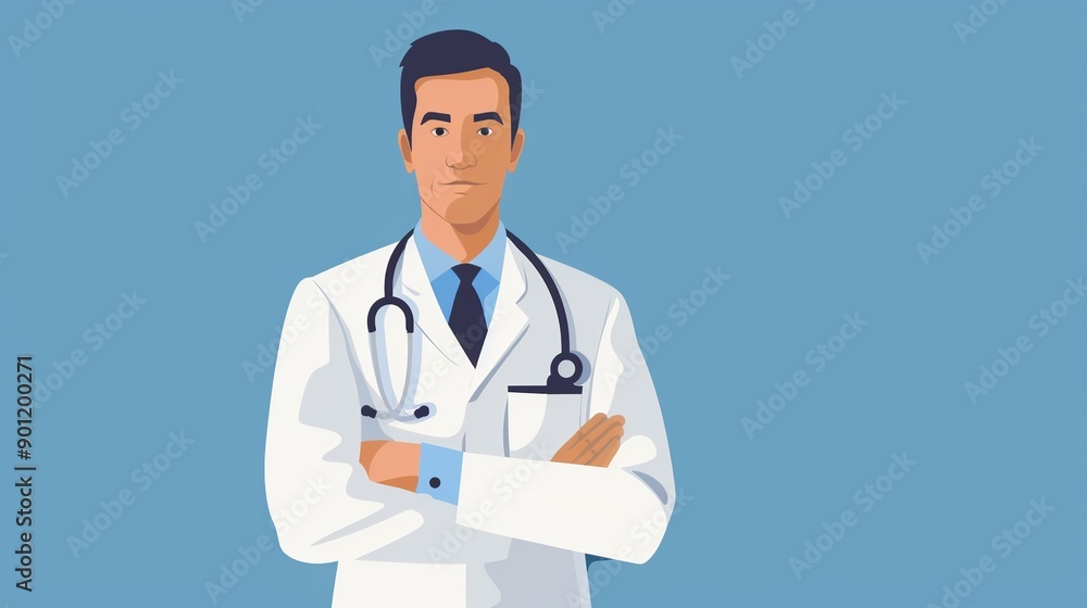 Illustration of a man in a white lab coat stands with his arms crossed. He is wearing a blue tie Illustration of a man in a white lab coat stands with his arms crossed. He is wearing a blue tie