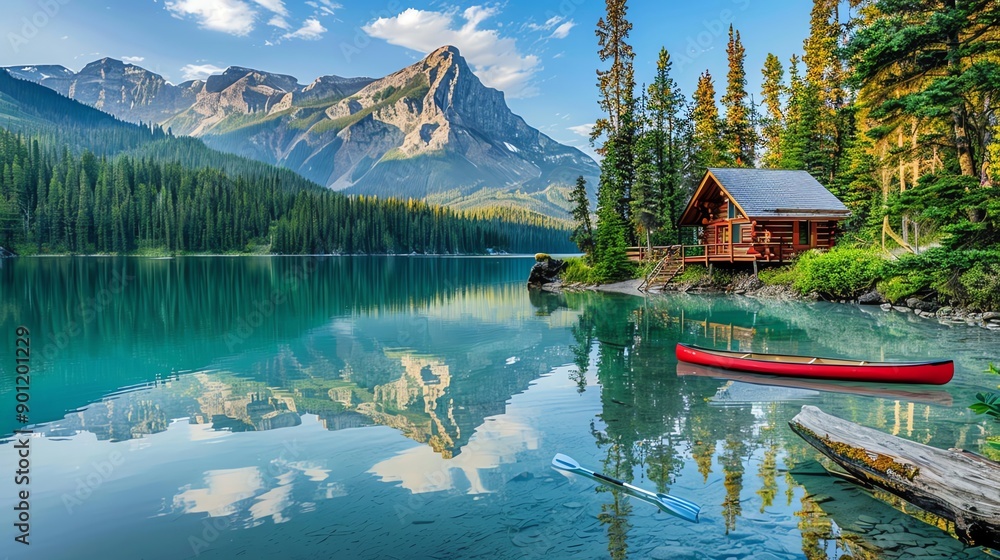 Fototapeta premium A wooden cabin by a lake with a mountain in the background.