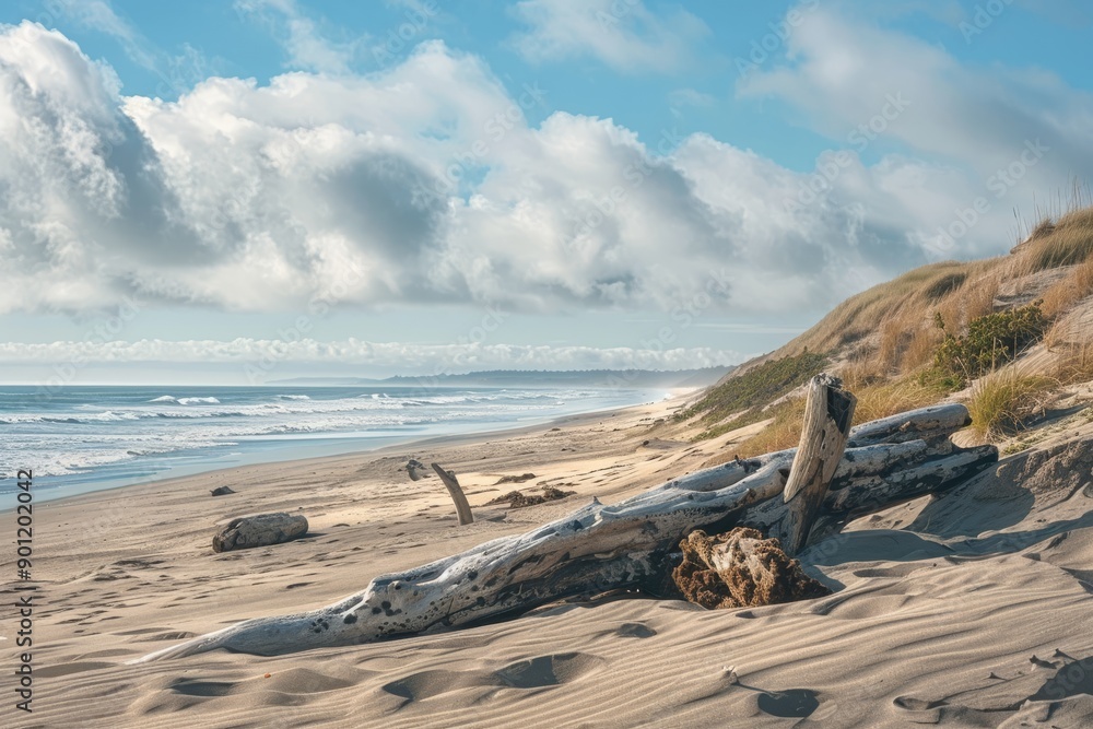 Wide Ocean View with Sand Dunes wood on Sandy Beach Wide Ocean View with Sand Dunes wood on Sandy Beach