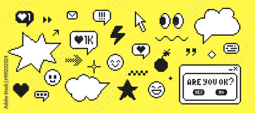 Set of pixel art elements in 90s style. Message boxes and popup user interface elements. Vector illustration.
