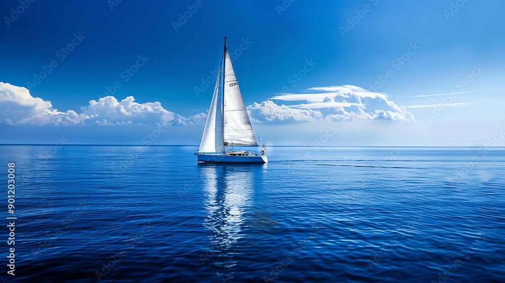 Obraz premium A sailboat sails on a calm blue ocean under a bright blue sky with white clouds.