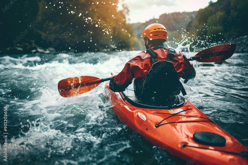Fototapeta premium Man Paddling Down River
