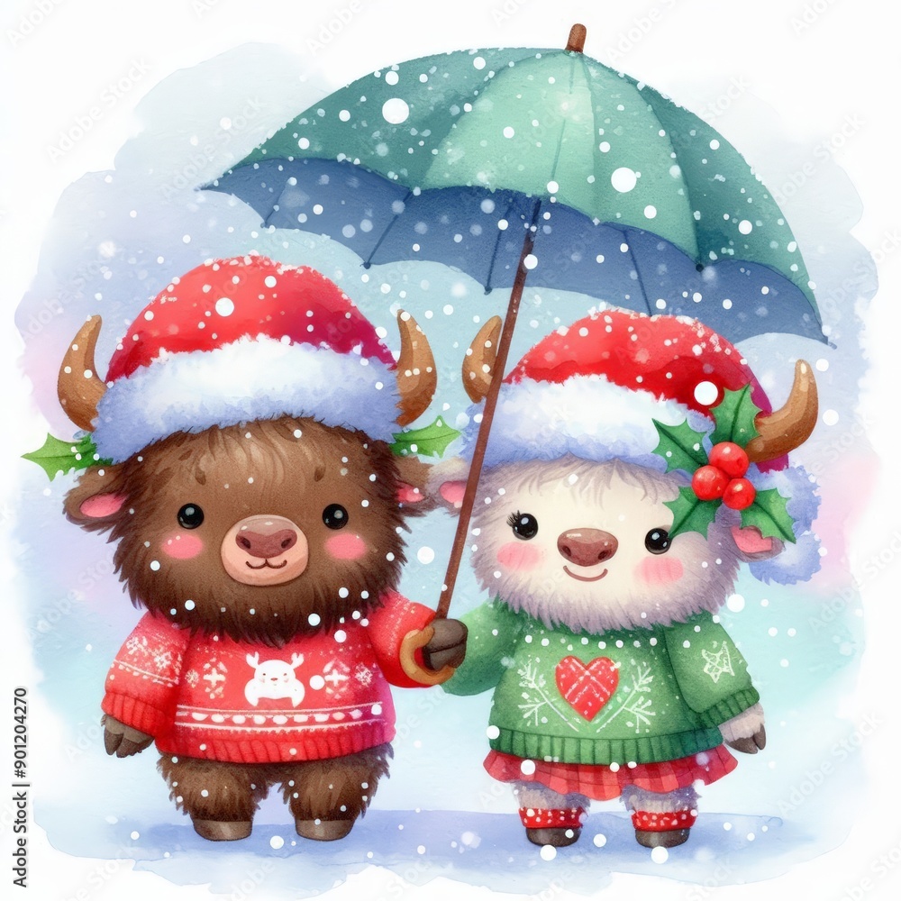 Two cute cartoon buffaloes wearing Christmas hats and sweaters share an umbrella in the snow. Two cute cartoon buffaloes wearing Christmas hats and sweaters share an umbrella in the snow.