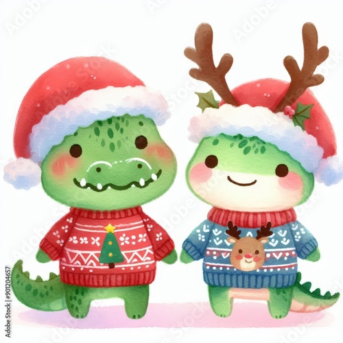 Two cute cartoon crocodiles wearing Christmas sweaters and hats. One has reindeer antlers.