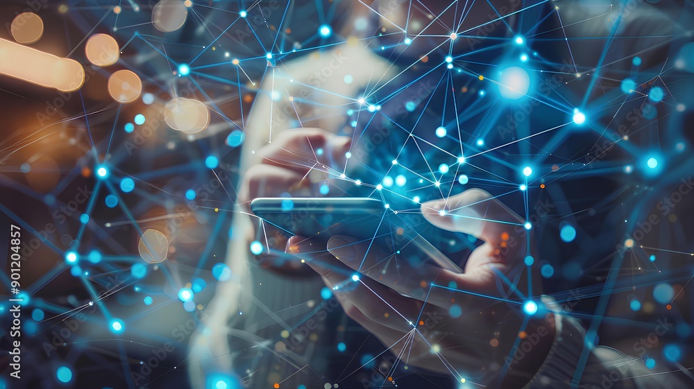 Businessman's hand using smartphone with network connection on blue background. Technology concept Businessman's hand using smartphone with network connection on blue background. Technology concept