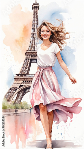 happy young girl against the background of the Eiffel Tower. watercolor drawing