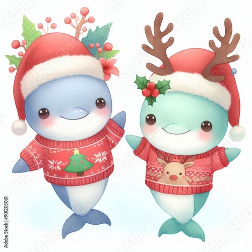 Two cute cartoon dolphins wearing Christmas sweaters and hats. One has reindeer antlers and the other a Santa hat. Perfect for holiday cards and decorations.