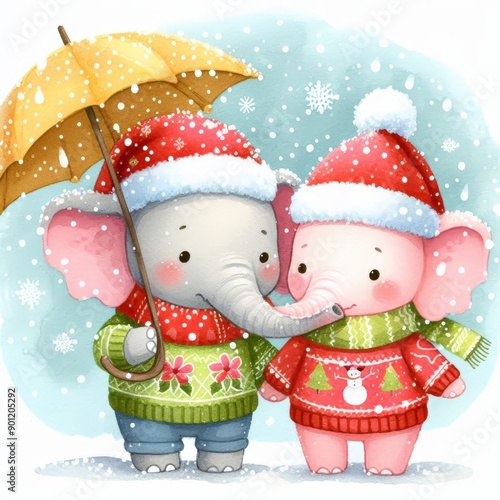 Two cute cartoon elephants wearing Christmas sweaters and hats, standing under an umbrella in the snow.