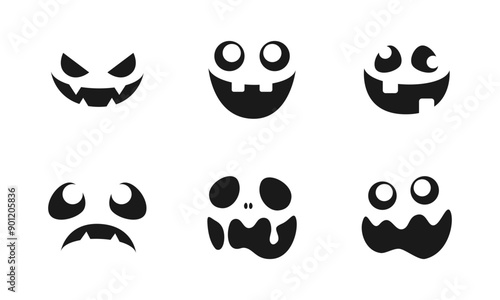 Scary Monster Faces Silhouette Set. Jack O Lantern Face Halloween Pumpkin Icon Collection. Simple Creepy Horror Illustrations.