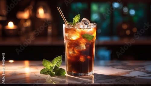  A close-up shot of a frosty glass of iced coffee with condensation, garnished with a sprig