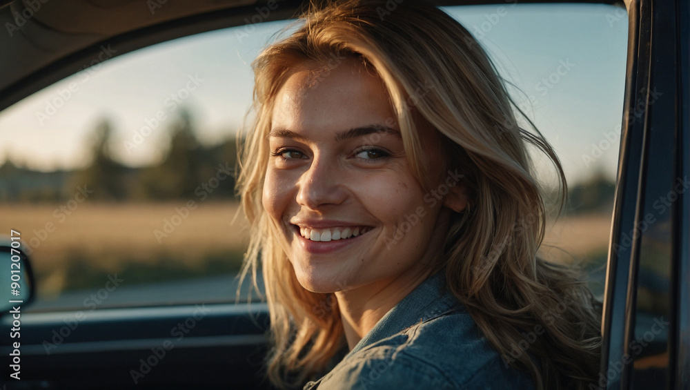 Cute blonde girl smiling while sitting in the car Cute blonde girl smiling while sitting in the car