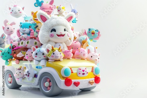 conceptual 3D characters, a toy car full of various supercute kawaii animals photo